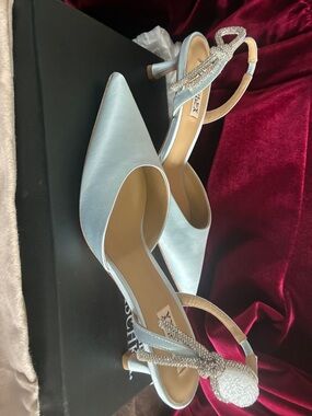 Badgley Mischka Light Blue Satin Pointed Slingback Heels with Crystal Detail